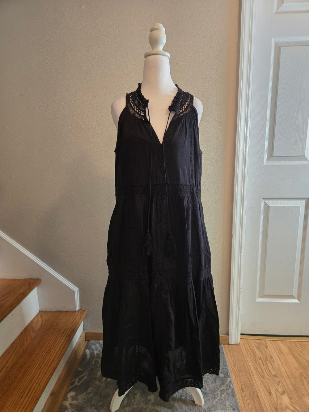 Sundance Black Tiered Maxi Dress with Lace Trim and Tassels Womens Size Medium